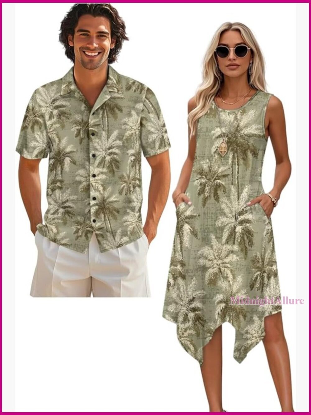 Matching Couples Hawaiian Vacation Dresses & Shirts Flowy Sundress & Button